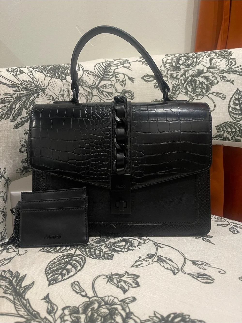 Aldo Black Croc-Embossed Top Handle Satchel with Chain Accent